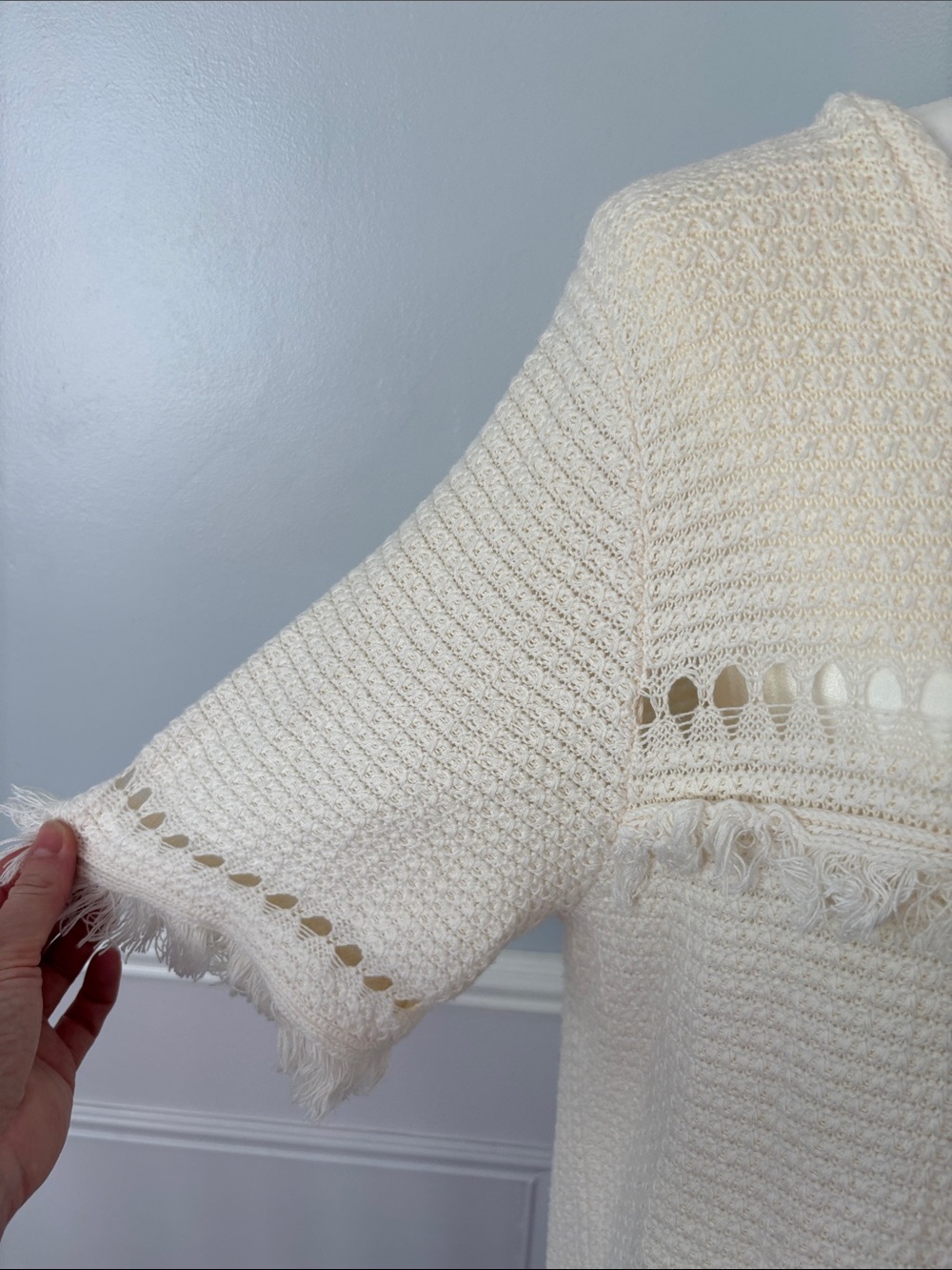 J. Crew Cream Fringe Short-Sleeve Knit Sweater Sz XL Boho Retro Western Knit - Picture 5 of 12